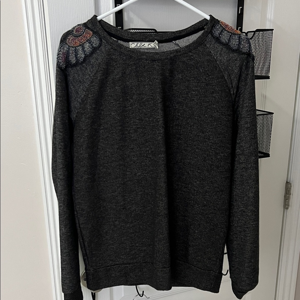 Chloe K Dark Gray Sweater with Embroidered Shoulders